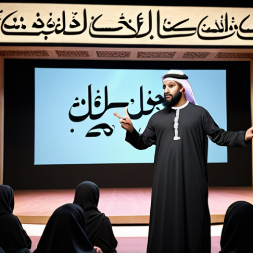Home 4 A confident speaker on a stage, gesturing towards a diverse audience, with Arabic script subtly incorporated into the background design. The overall tone is inspiring and culturally respectful.